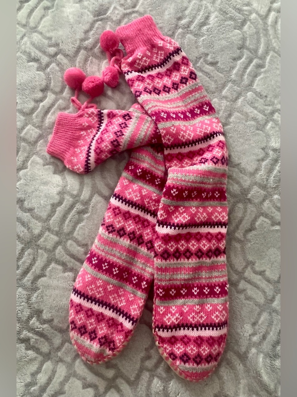 💕 Pink Fair Isle Knit Slipper Socks with Pom Poms NWOT